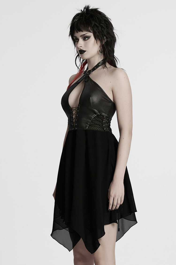 Black Halterneck Lace-Up Irregular Women's Punk Party Dress - Product - 2
