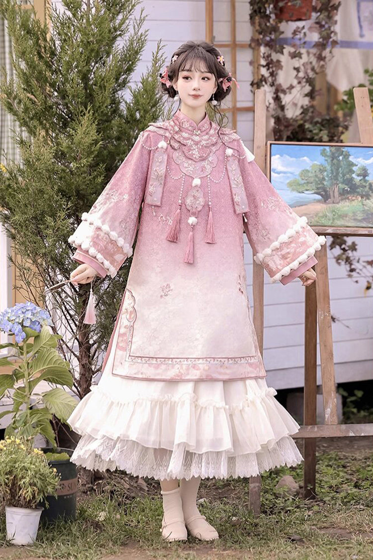 Pink Round Collar High Waisted Embroidery Women's Elegant Hanfu Dress Full Set - Pink - 1