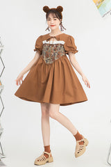 Brown Tie Neck Bear Print Jacquard Panel Bubble Short Sleeves High Waisted Sweet Lolita Dress - Product - 3