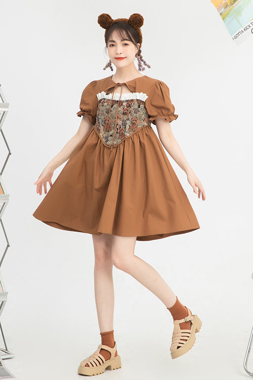 Brown Tie Neck Bear Print Jacquard Panel Bubble Short Sleeves High Waisted Sweet Lolita Dress - Product - 3