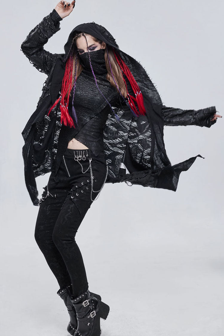 Black Punk Diablo Hole Design Cross Shape Stitching Transparent Mesh Metal Decoration Knitted Women's Coat - Product - 3