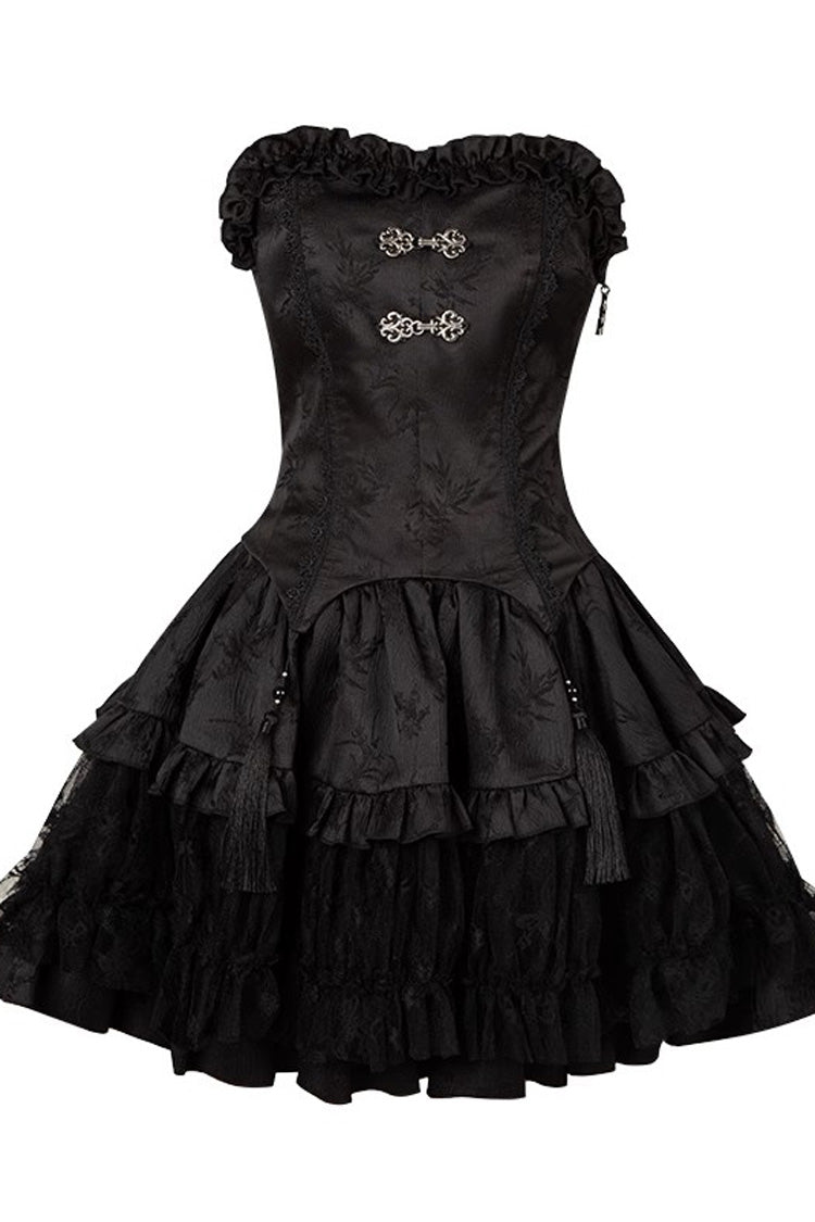 Black Bamboo Leaves Print Ruffle Lace Gothic Chinese Style Lolita Skirt - Product - 3
