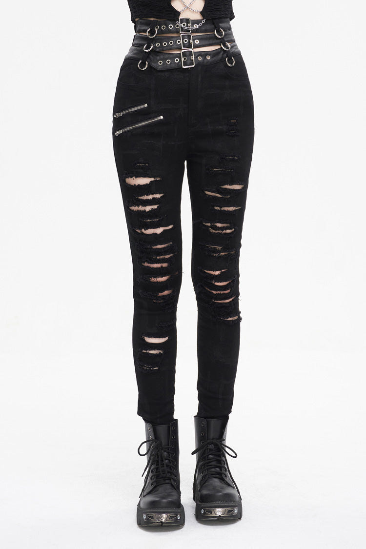 Black High Waisted Loophole Ripped Buckle Women's Punk Pants - Black - 1