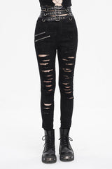 Black High Waisted Loophole Ripped Buckle Women's Punk Pants - Black - 1