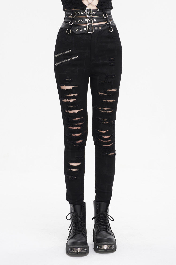 Black High Waisted Loophole Ripped Buckle Women's Punk Pants - Black - 1