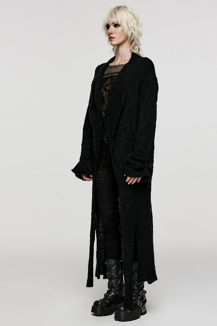 Black Lapel Collar Long Sleeves Wool Slit Hem Irregular Women's Punk Jacket - Product - 2