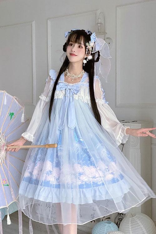 Blue Marine Jellyfish Print Bowknot Long Sleeves Ruffled Chinese Style Sweet Lolita Dress - Product - 4