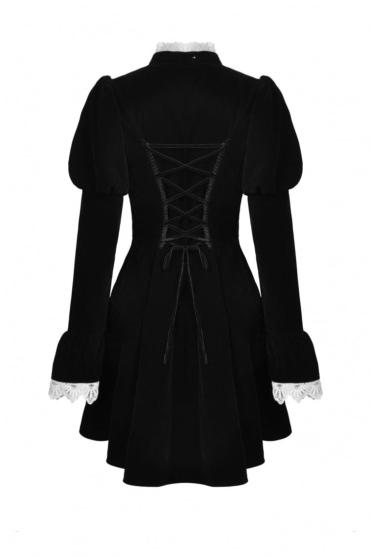 ブラック／ホワイト Frilly 襟 Skull 蝶ネクタイ ロング パフスリーブ レース レースアップ レディース ゴシック ヴィンテージ ベルベット ジャケット 商品画像