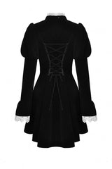 Black/White Frilly Collar Skull Bow Tie Long Puff Sleeves Lace Lace-Up Women's Gothic Vintage Velvet Jacket - Product - 12