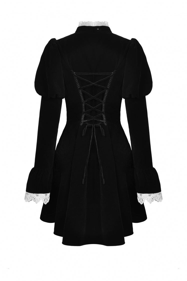 Black/White Frilly Collar Skull Bow Tie Long Puff Sleeves Lace Lace-Up Women's Gothic Vintage Velvet Jacket - Product - 12