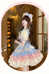 Blue/Pink [Cream Puffs] Short Puff Sleeves Triple-Layered Ruffle Bowknot Sweet Lolita Dress - Product - 5
