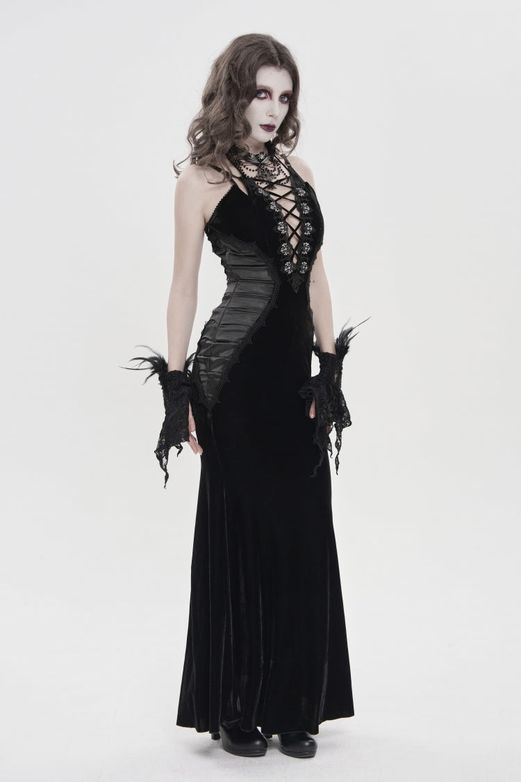 Black Off Shoulder Sleeveless Hanayome Spliced Lace-Up Slim Pleated Women's Gothic Jsk Dress - Product - 6