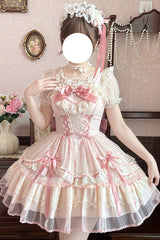 Pink [Candy House] Sleeveless Ruffle Bowknot Lace Lace-Up Sweet Lolita Jsk Dress - Product - 5