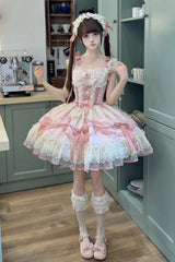 Pink [Dreaming Butterfly] Multi-Layered Jacquard Ruffle Bowknot Lace Sweet Princess Lolita Jsk Dress - Product - 7