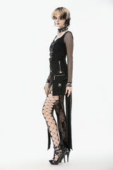 Black Strap Buckled Women's Punk Eyelet High-Slit Midi Skirt with Detachable Pocket - Product - 4
