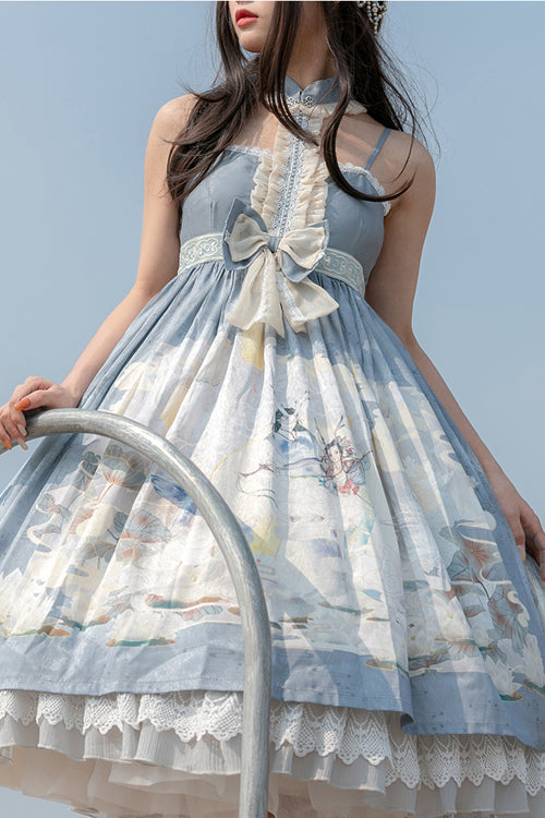 Blue Chinese Mythology Print High Waist Lace Trim Sweet Lolita JSK Dress - Product - 6