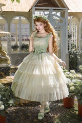 Green [Letters & Poems · Whisper of Lily of the Valley] Square Collar Multi-Layered Ruffled Embroidered Fishbone Sweet Lolita Jsk Dress 2 Versions - Green(Long) - 15