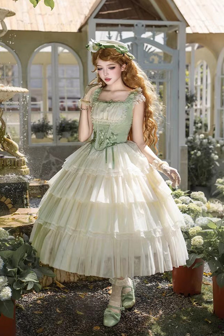 Green [Letters & Poems · Whisper of Lily of the Valley] Square Collar Multi-Layered Ruffled Embroidered Fishbone Sweet Lolita Jsk Dress 2 Versions - Green(Long) - 15