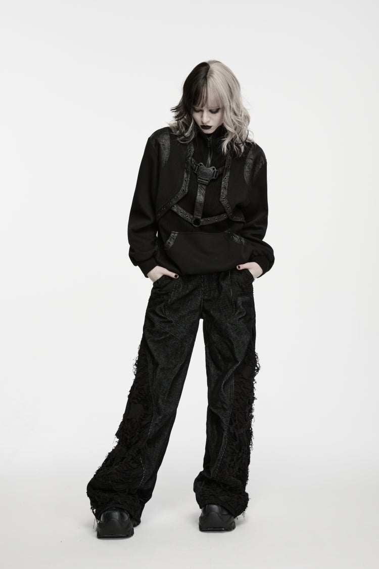Black Stand Collar Long Sleeves Cut-Out Patchwork Eyelet Women's Punk Coat - Product - 8