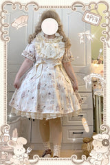 Ivory Short Puff Sleeves Print Ruffle Bowknot Plus Size Princess Lolita Dress - Product - 9