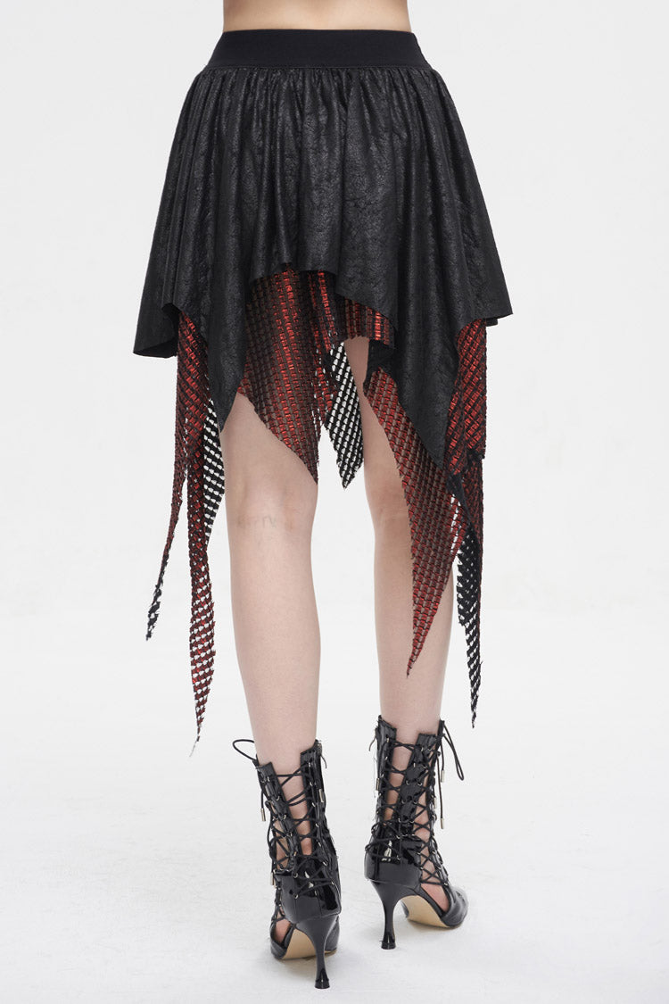 Red/Black Lrregular Mesh Splice Buckle Women's Gothic Skirt - Product - 6