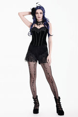 Black Women's Gothic Floral Embossed Velvet Shorts with Sheer Lace Trim - Product - 9