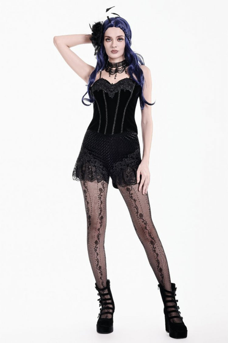 Black Women's Gothic Floral Embossed Velvet Shorts with Sheer Lace Trim - Product - 9