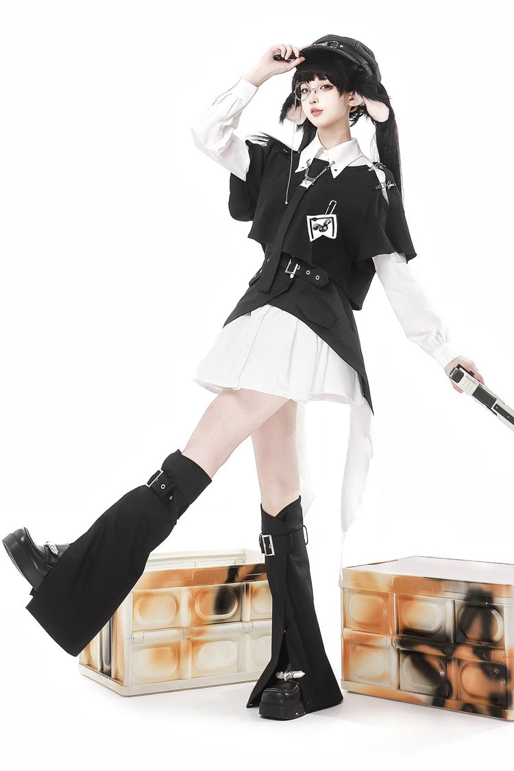 Black/White Cute Rabbit Sheriff Long Sleeves Slim Sweet Military Lolita Dress Set - Product - 4