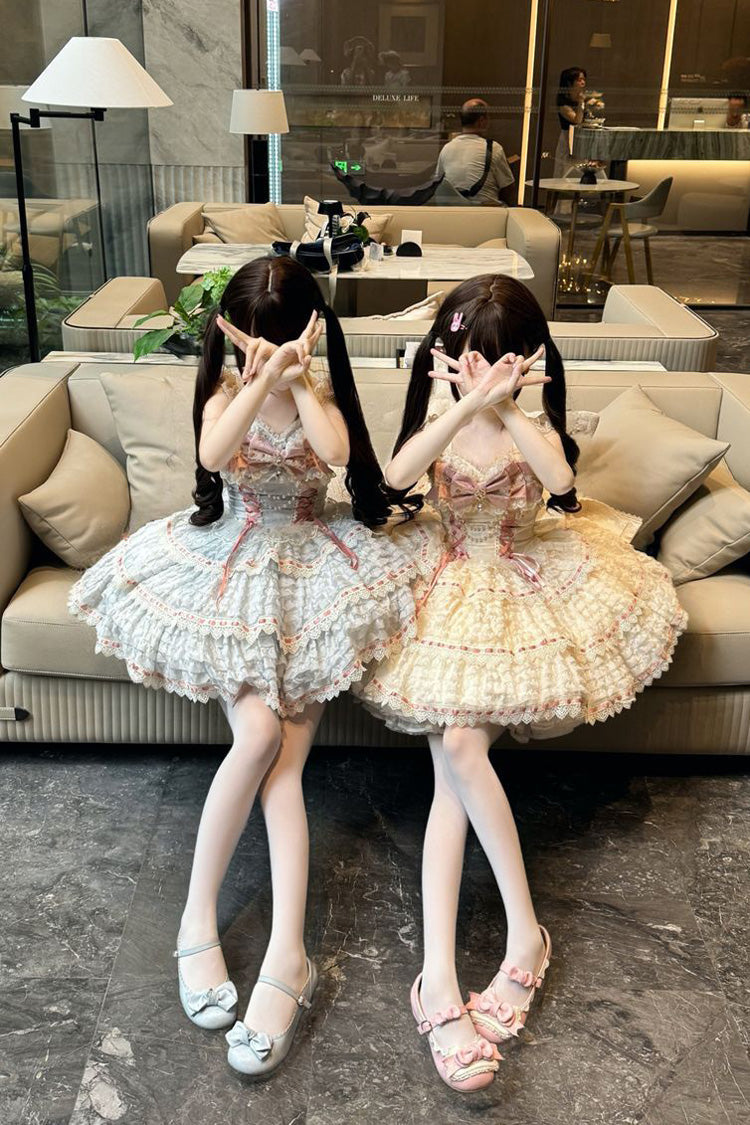 Apricot [Song of Floral Letters] Sleeveless Triple-Layered Bowknot Lace-Up Sweet Lolita Jsk Dress - Product - 6