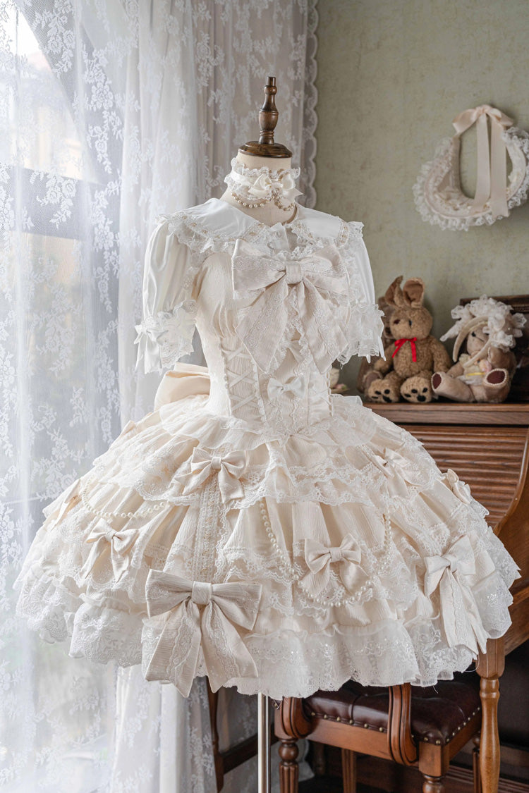 Ivory [Small Cakes] Sleeveless Multi-Layered Ruffle Bowknot Lace Sweet Lolita Jsk Dress - Ivory - 1