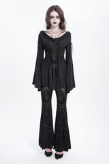 Black Long Trumpet Sleeves Print Embroidery Women's Gothic Blouse - Product - 7