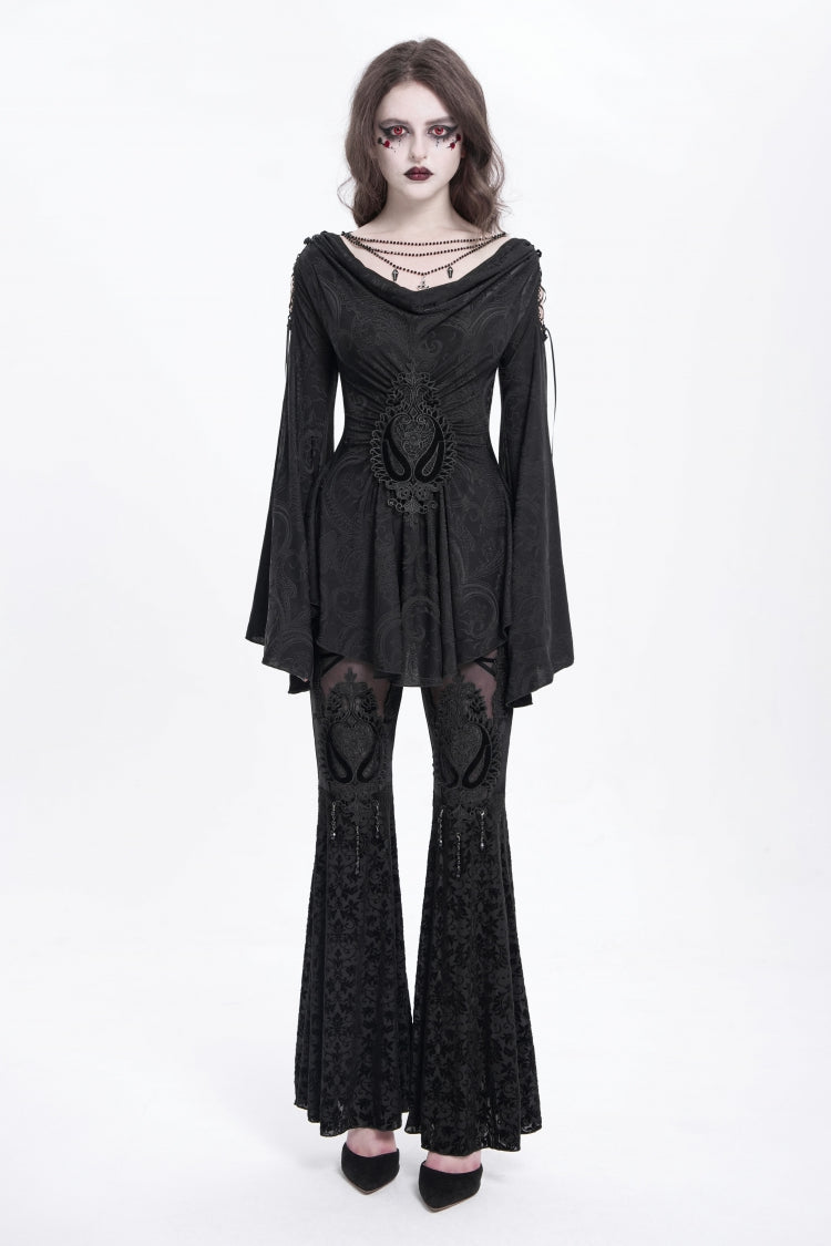 Black Long Trumpet Sleeves Print Embroidery Women's Gothic Blouse - Product - 7