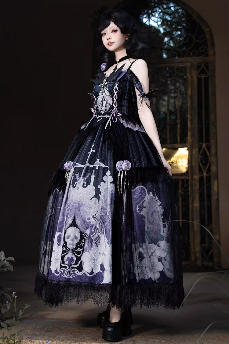 Black/Blue [Skull Magic] Print Ruffle Bowknot Gothic Elegant Lolita Skirt Two-Piece Set - Product - 12