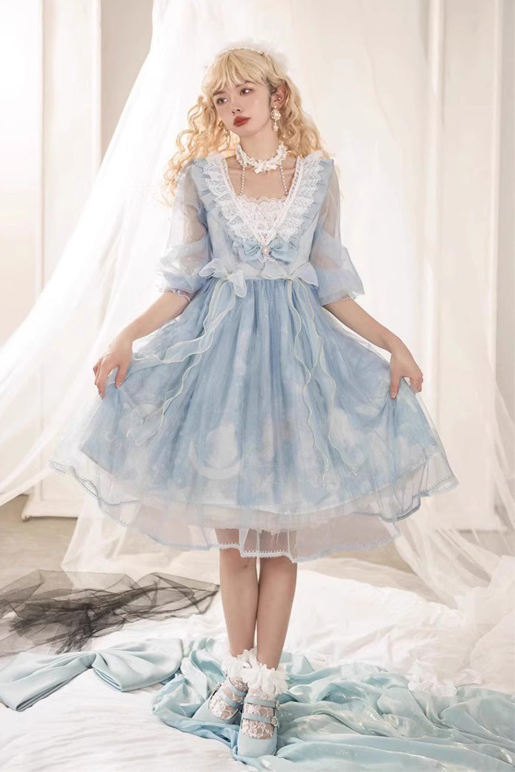 Planet Butterfly Print Bowknot Classic Gothic Lolita Dress 2 Colors - Blue - 8