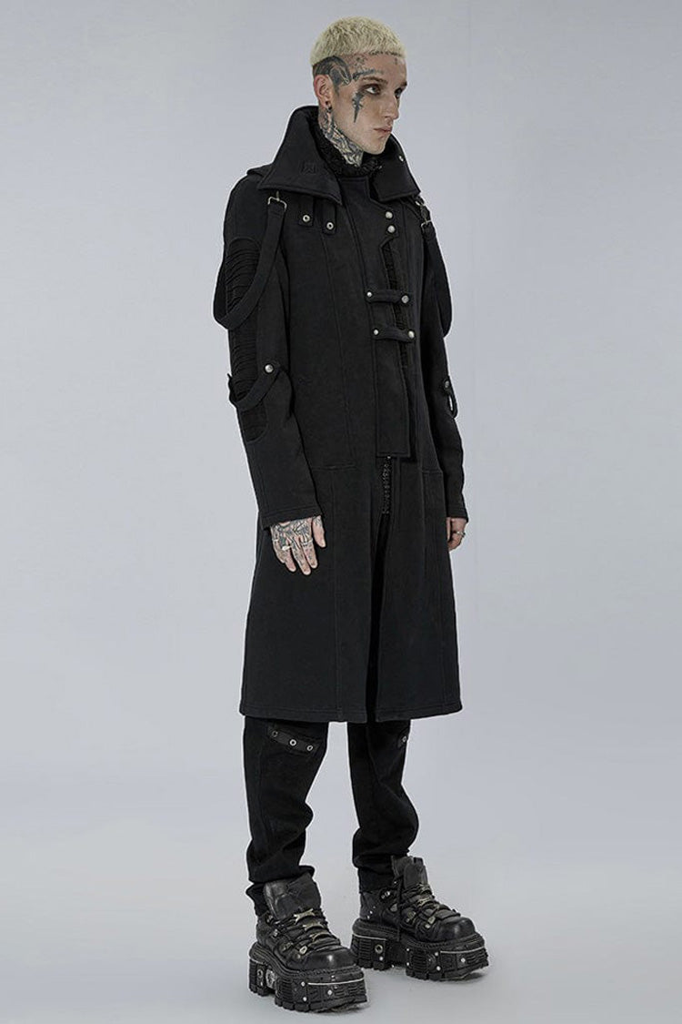 Black Punk Asymmetry High Collar Placket Metal Shoulder Detachable Webbing Men's Knitted Coat - Product - 2