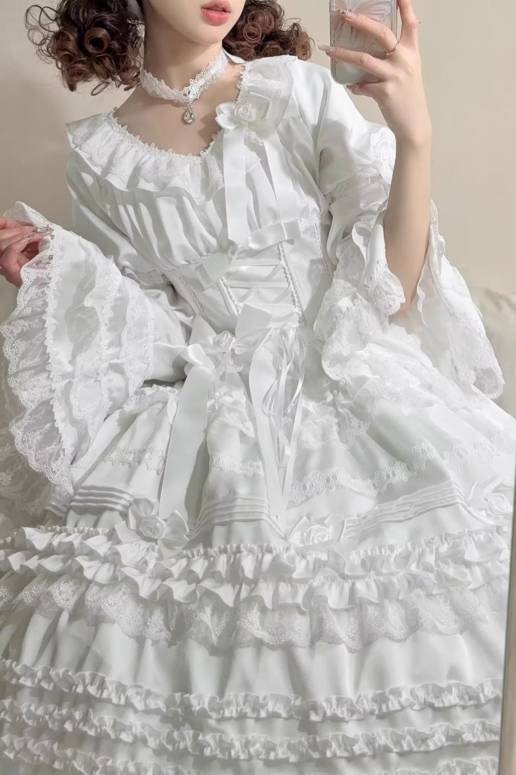White [Layered Buttercream Frosting] Short Sleeves Ruffle Bowknot Lace Sweet Lolita Dress - Product - 4