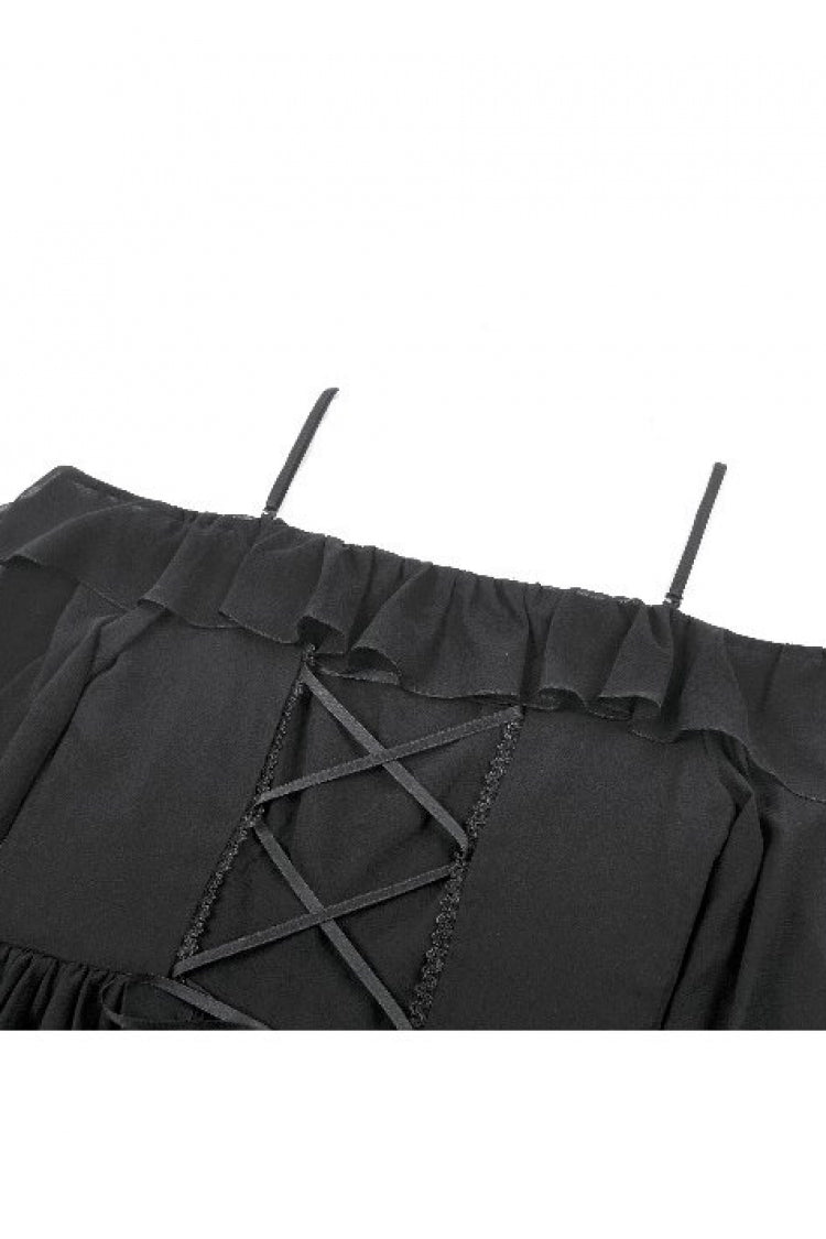 Black Moon Charm Off Shoulder Long Puff Bishop Sleeves Layered Ruffled Hem Women's Gothic Slip Dress - Product - 17