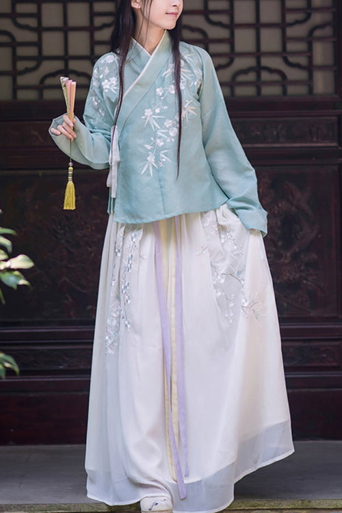 Green Chinese Ancient Style Han Dynasty Plum Embroidery Sweet Hanfu Dress Two Piece - Green - 1