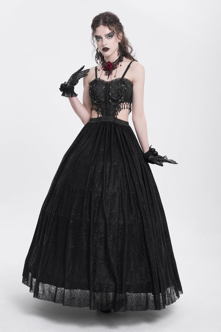 Black Jacquard Floral Embroidery Lace Ripped Women's Gothic Party Slip Dress - Product - 5