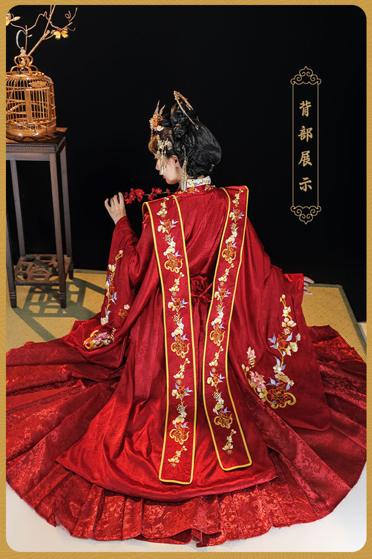 Red Chinese Style Hot Stamping Embroidery High Waisted Hanfu Dress Full Set - Product - 5