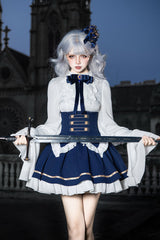 Blue [Eternal Crown] Stand Collar Long Lantern Sleeves Ruffled Color-Blocked Faux Two-Piece Classic Royal Lolita Dress 2 Versions - Product - 3