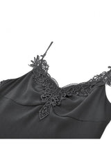 Black V Collar Lace Embroidered Asymmetric Women's Gothic Slip Dress - Product - 12