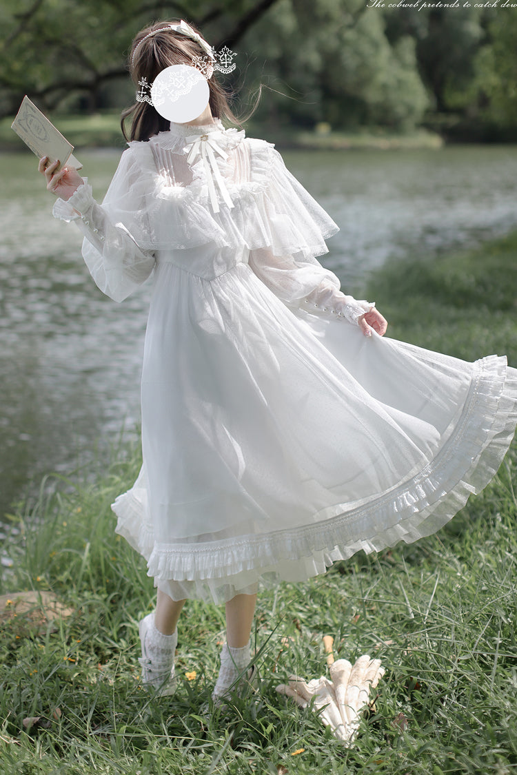 White [Enchanted Daydream] Long Sleeves Bowknot Lace Sweet Elegant Lolita Dress - White - 1