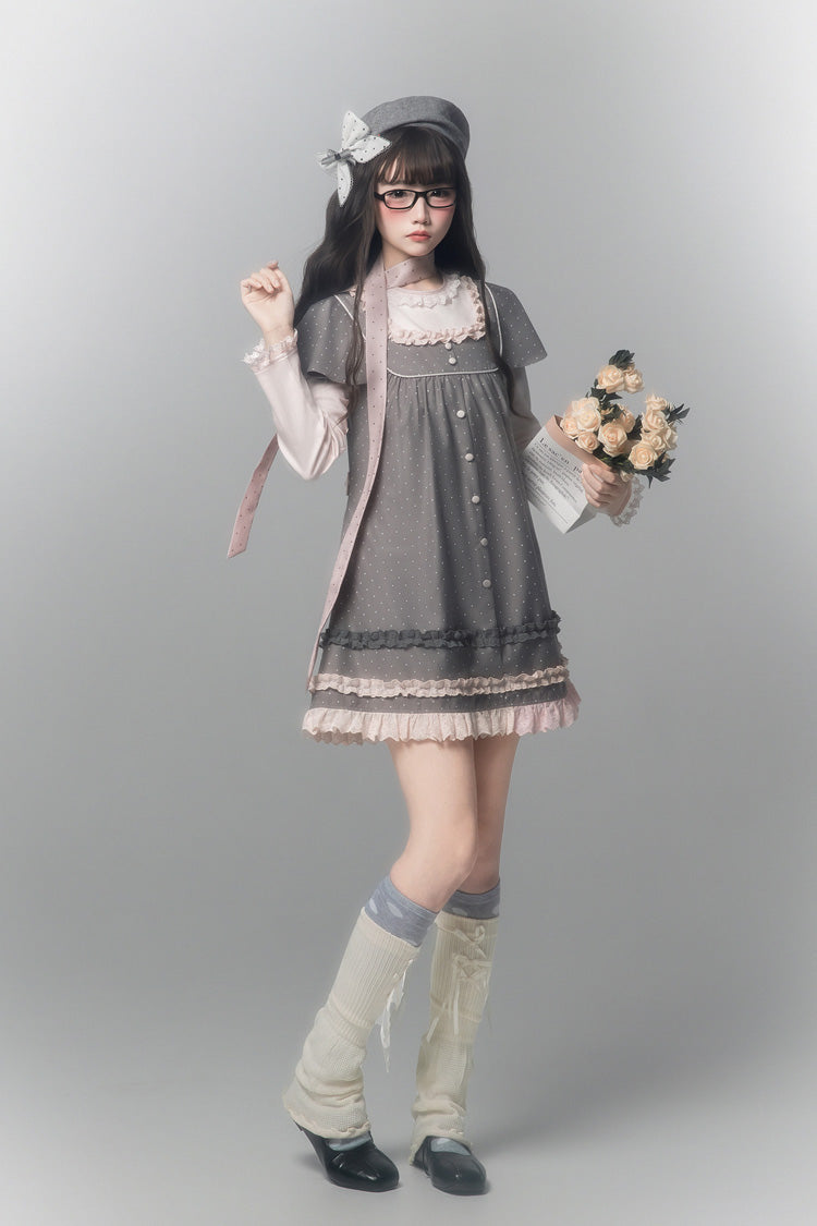 Grey [Polka Dot Bouclé] Round Collar Long Sleeves Printed Ruffled Faux Two-Piece Sweet Japanese Lolita Dress - Product - 7