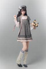 Grey [Polka Dot Bouclé] Round Collar Long Sleeves Printed Ruffled Faux Two-Piece Sweet Japanese Lolita Dress - Product - 7