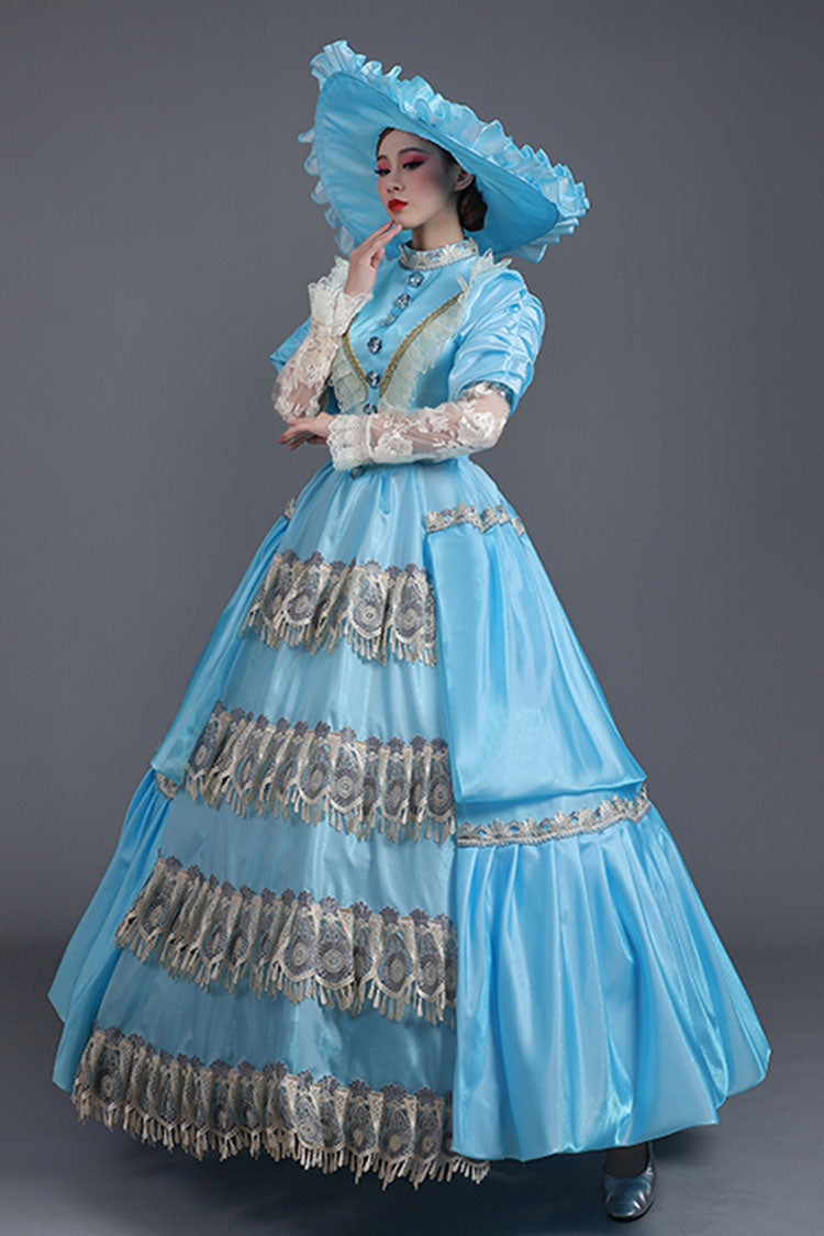 Blue High Waisted Lace Stitching Hollow Embroidery Floral Print Victorian Lolita Prom Dress - Product - 3