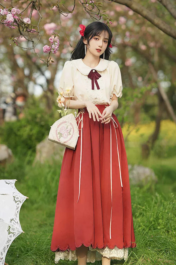 Solid Color Lapel Collar Short Sleeves High Waisted Lace-Up Wave Hem Classic Lolita Two-Piece Skirt Set 7 Colors - Red - 7