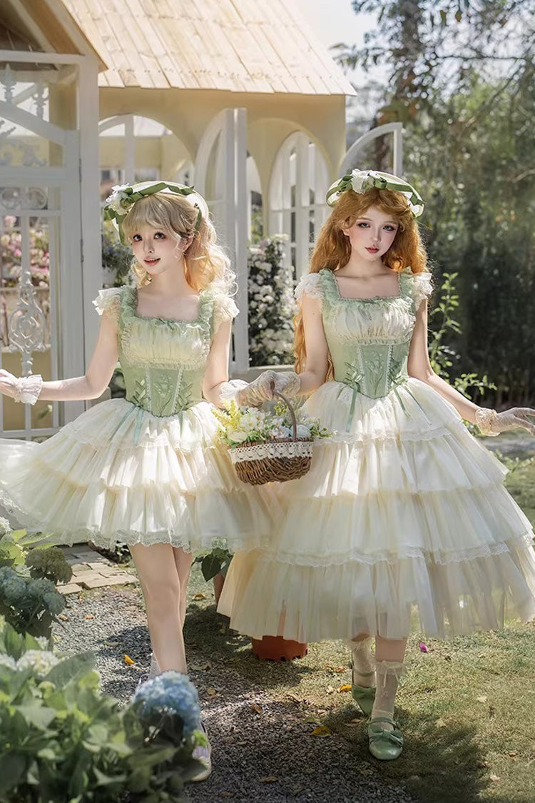 Green [Letters & Poems · Whisper of Lily of the Valley] Square Collar Multi-Layered Ruffled Embroidered Fishbone Sweet Lolita Jsk Dress 2 Versions - Product - 2