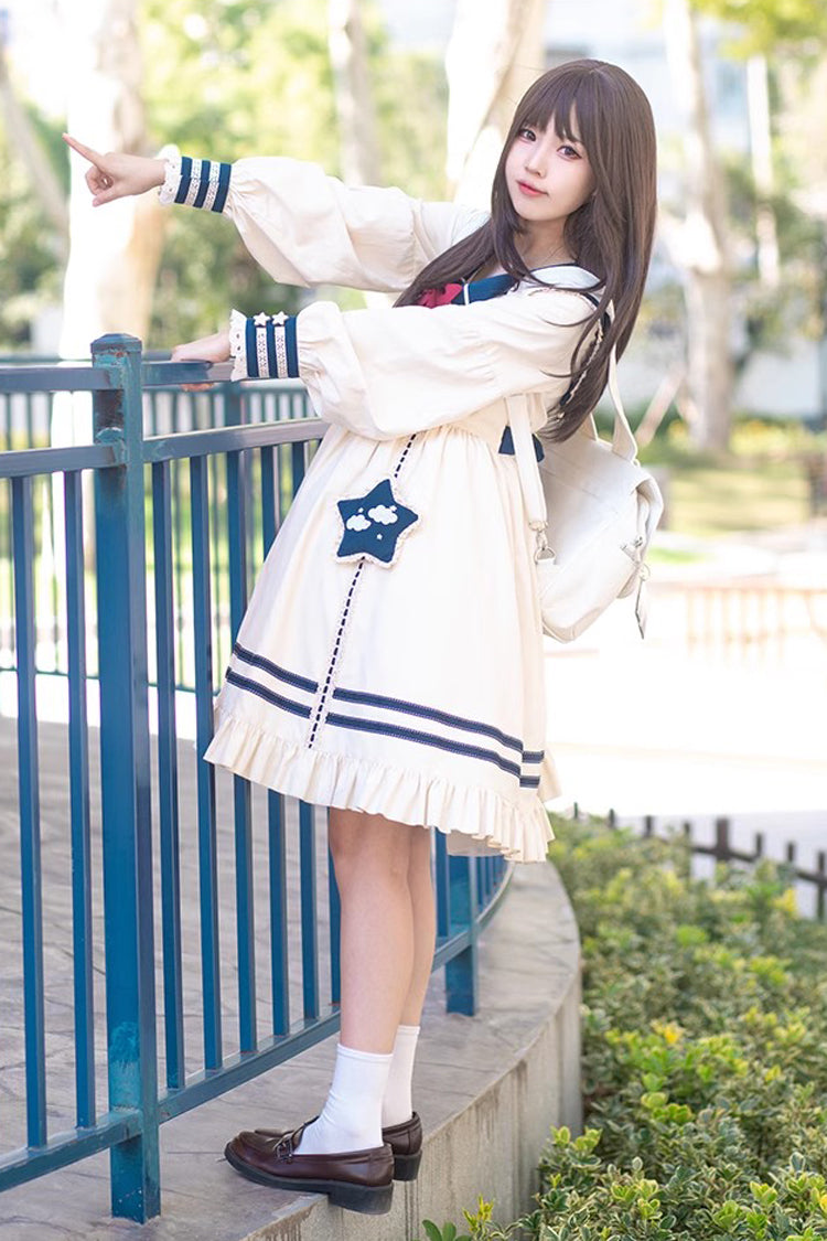 College Navy Style Bowknot Ruffle Long Sleeves Sweet Lolita Dress - Product - 3
