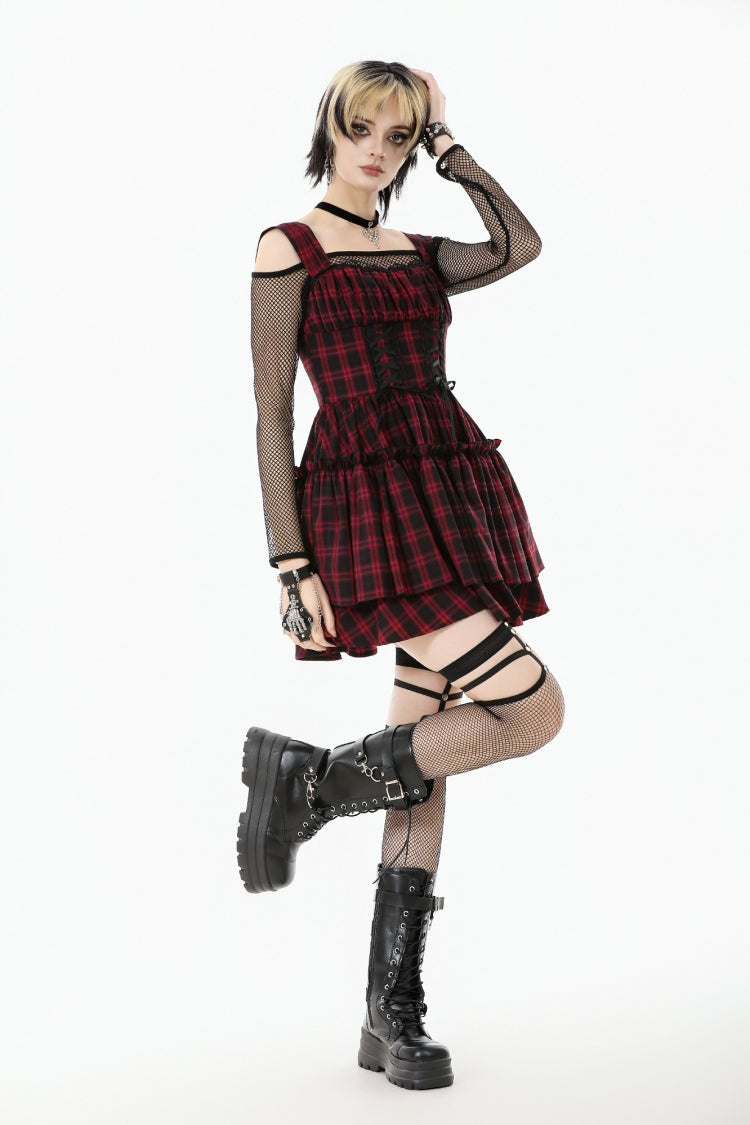 Red/Black Sleeveless Layered Plaid Ruched Women's Cake Dress Graduation Dress - Product - 9